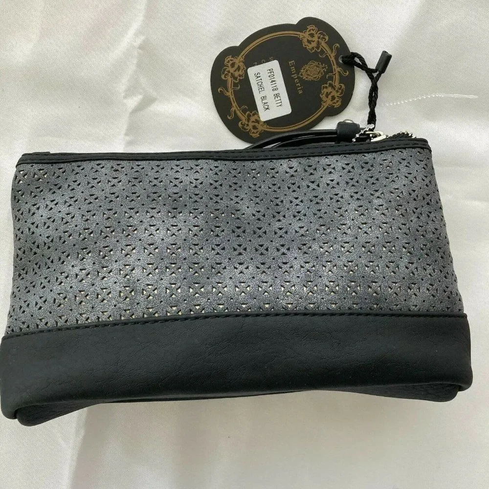 NWT Emperia Gray Faux Suede Clutch Makeup Bag | Silver Black Zip Pouch Organizer